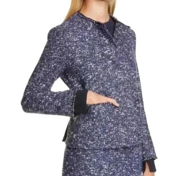 Hugo Boss Julira Tweed Suit Jacket In Pilot Fantasy Fringe Collar - Picture 1 of 7